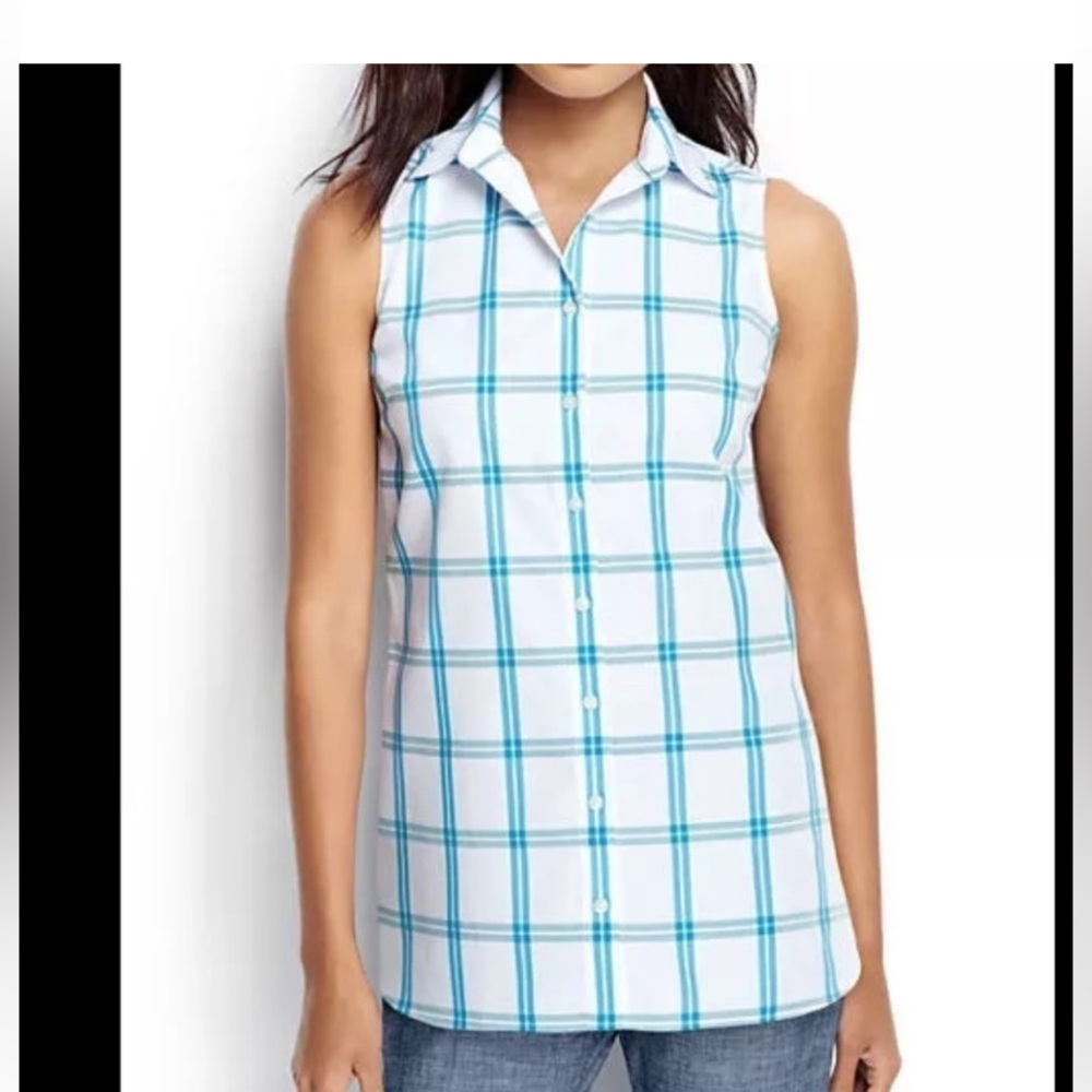 Lands' End Blue and White Plaid Sleeveless Shirt size 14 EUC Women’s